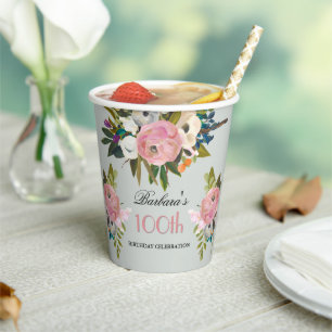 Elegant Handpainted Floral 100th Birthday Party  Paper Cups