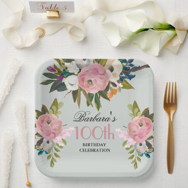 Elegant Handpainted Floral 100th Birthday Party  Paper Plates (Wedding)