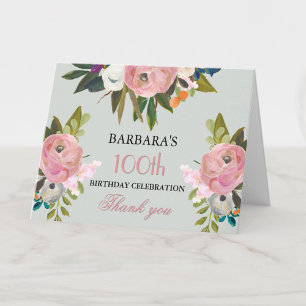 Elegant Handpainted Floral 100th Birthday Party Thank You Card