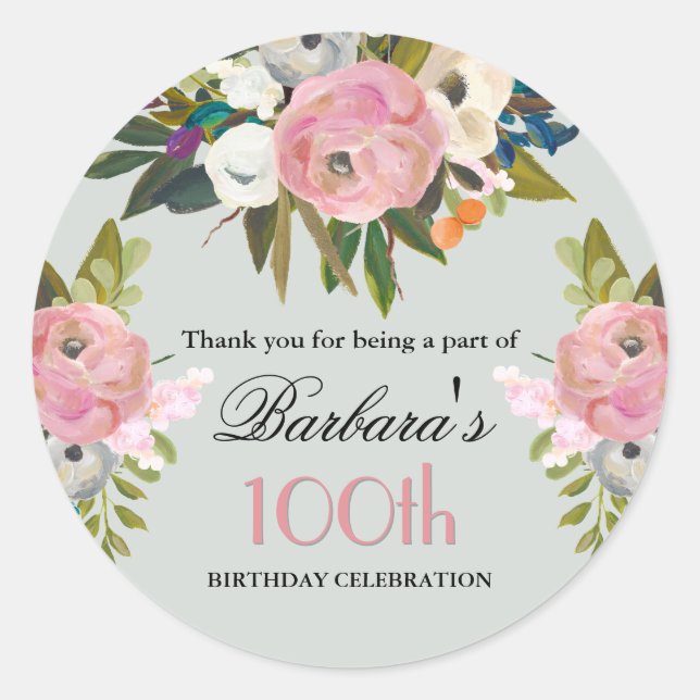 Elegant Handpainted Floral 100th Birthday Welcome Classic Round Sticker (Front)