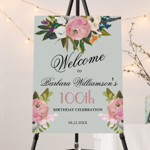 Elegant Handpainted Floral 100th Birthday Welcome Foam Board