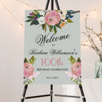 Elegant Handpainted Floral 100th Birthday Welcome 