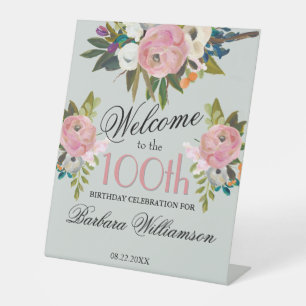 Elegant Handpainted Floral 100th Birthday Welcome Pedestal Sign