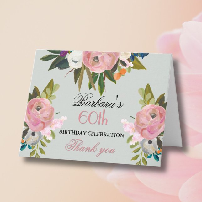 Elegant Handpainted Floral 60th Birthday Party  Thank You Card (Creator Uploaded)
