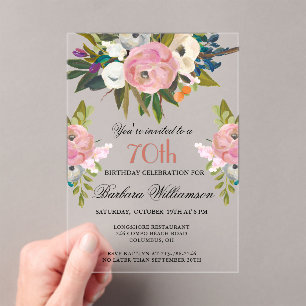 Elegant Handpainted Floral 70th Birthday Party Acrylic Invitations