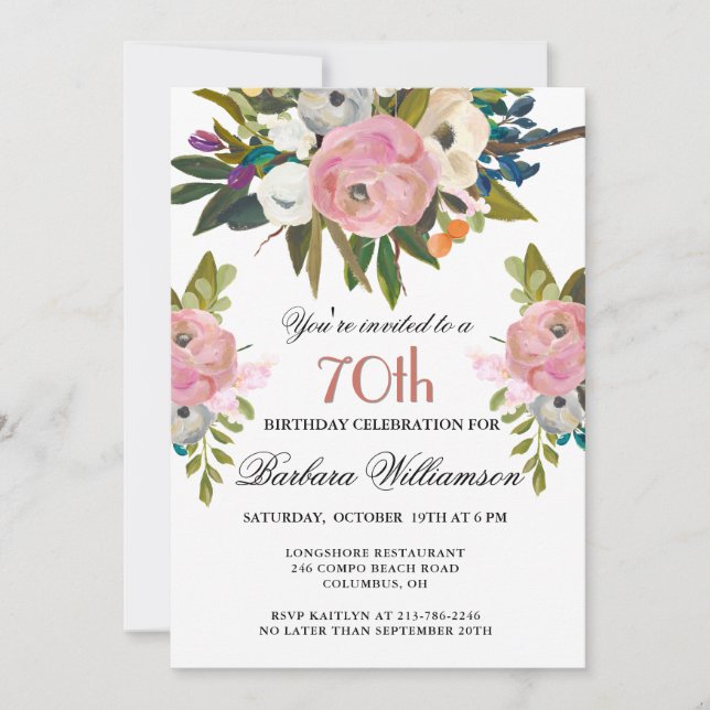 Elegant Handpainted Floral 70th Birthday Party  Invitation (Front)