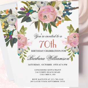Elegant Handpainted Floral 70th Birthday Party  Invitation