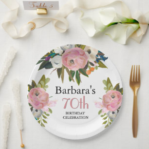 Elegant Handpainted Floral 70th Birthday Party Paper Plates