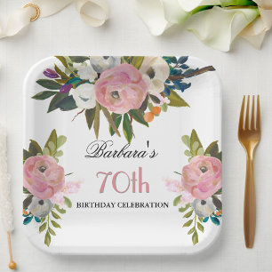 Elegant Handpainted Floral 70th Birthday Party Paper Plates