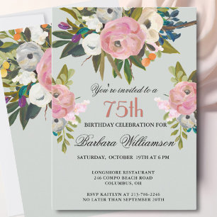 Elegant Handpainted Floral 75th Birthday Party Invitation