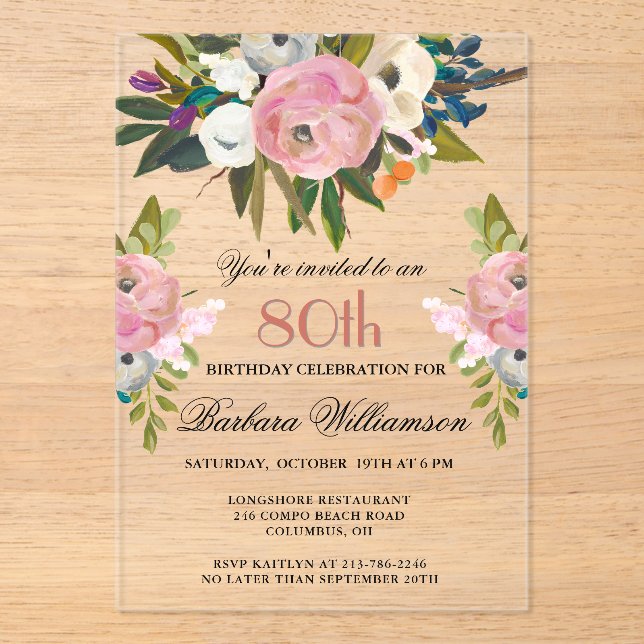 Elegant Handpainted Floral 80th Birthday Party  Acrylic Invitations (Front)