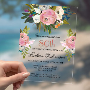 Elegant Handpainted Floral 80th Birthday Party Acrylic Invitations