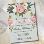 Elegant Handpainted Floral 80th Birthday Party  Invitation<br><div class="desc">Start this special 80th birthday celebration in a elegant style with this beautifully hand painted invitation with colorful yet gentle flowers -- leading with blush pink and greenery, yet adding interesting other touches of color. All of the text can be personalized for your party including the guest of honor's age....</div>
