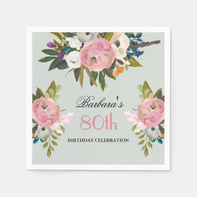Elegant Handpainted Floral 80th Birthday Party  Napkins (Front)