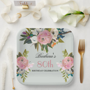 Elegant Handpainted Floral 80th Birthday Party  Paper Plates