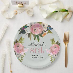 Elegant Handpainted Floral 80th Birthday Party  Paper Plates