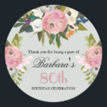 Elegant Handpainted Floral 80th Birthday Welcome Classic Round Sticker<br><div class="desc">End this special 80th birthday celebration in a elegant style with this beautifully hand painted sticker with colorful yet gentle flowers -- leading with blush pink and greenery, yet adding interesting other touches of color. The text can be personalized for your party including the guest of honor's age. If you...</div>