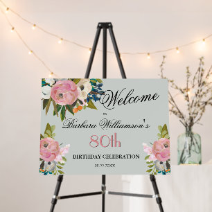 Elegant Handpainted Floral 80th Birthday Welcome Foam Board