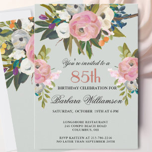 Elegant Handpainted Floral 85th Birthday Party Invitation