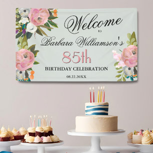 Elegant Handpainted Floral 85th Birthday Welcome Banner