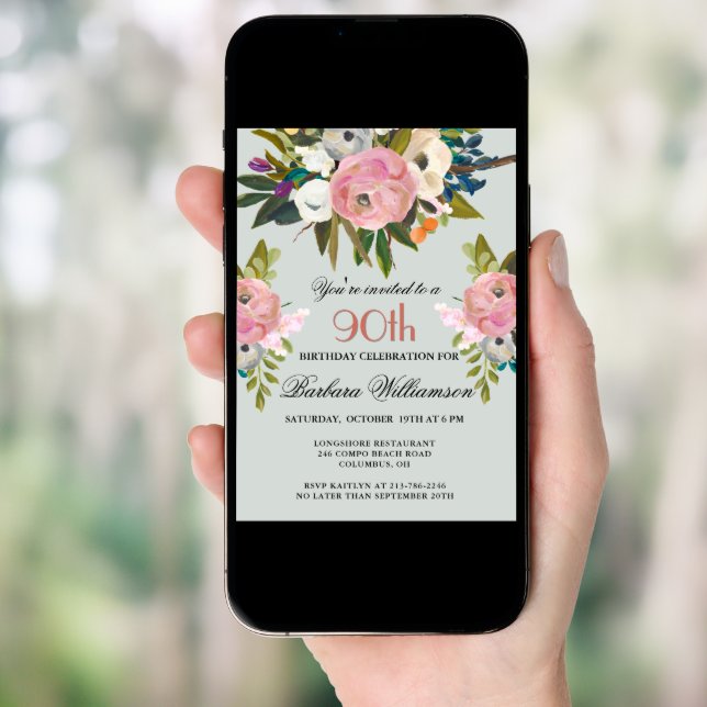 Elegant Handpainted Floral 90th Birthday Party  Invitation (Front Digital)