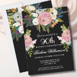 Elegant Handpainted Floral 90th Birthday Party  Invitation<br><div class="desc">Start this special 90th birthday celebration in a elegant style with this beautifully hand painted invitation with colorful yet gentle flowers -- leading with blush pink and greenery, yet adding interesting other touches of color striking against an all black background.. All of the text can be personalized for your party...</div>