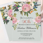 Elegant Handpainted Floral 90th Birthday Party  Invitation<br><div class="desc">Start this special 90th birthday celebration in a elegant style with this beautifully hand painted invitation with colorful yet gentle flowers -- leading with blush pink and greenery, yet adding interesting other touches of color. All of the text can be personalized for your party including the guest of honor's age....</div>