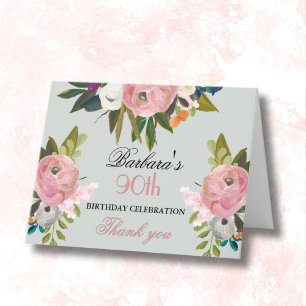 Elegant Handpainted Floral 90th Birthday Party  Letterpress Thank You Card