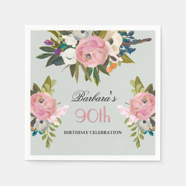 Elegant Handpainted Floral 90th Birthday Party  Napkins (Front)
