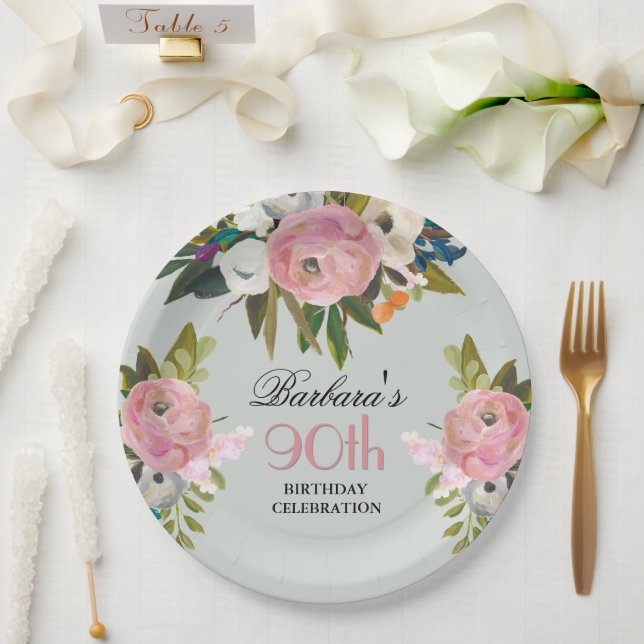 Elegant Handpainted Floral 90th Birthday Party  Paper Plates (Wedding)