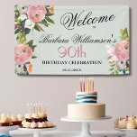 Elegant Handpainted Floral 90th Birthday Welcome  Banner<br><div class="desc">Start this special 90th birthday celebration in a elegant style with this beautifully hand painted floral welcome sign with colorful yet gentle flowers -- leading with blush pink and greenery, yet adding interesting other touches of color. Text can easily be personalized for your party including the guest of honor's age....</div>