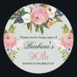Elegant Handpainted Floral 90th Birthday Welcome Classic Round Sticker<br><div class="desc">End this special 90th birthday celebration in a elegant style with this beautifully hand painted sticker with colorful yet gentle flowers -- leading with blush pink and greenery, yet adding interesting other touches of color. The text can be personalized for your party including the guest of honor's age. If you...</div>