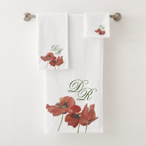 Elegant Handpainted Red Poppies Monogram Initals Bath Towel Set