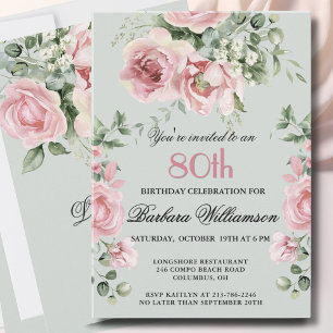 **Elegant Handpainted Roses 80th Birthday Party Invitation