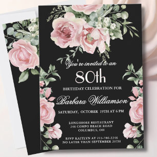 Elegant Handpainted Roses 80th Birthday Party Invitation