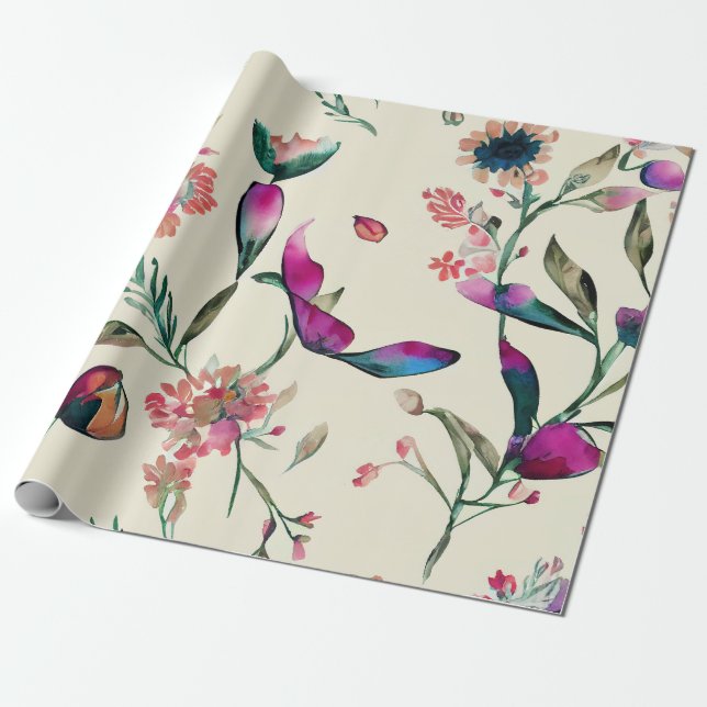 Elegant Handpainted Watercolor Purple Floral Wrapping Paper (Unrolled)