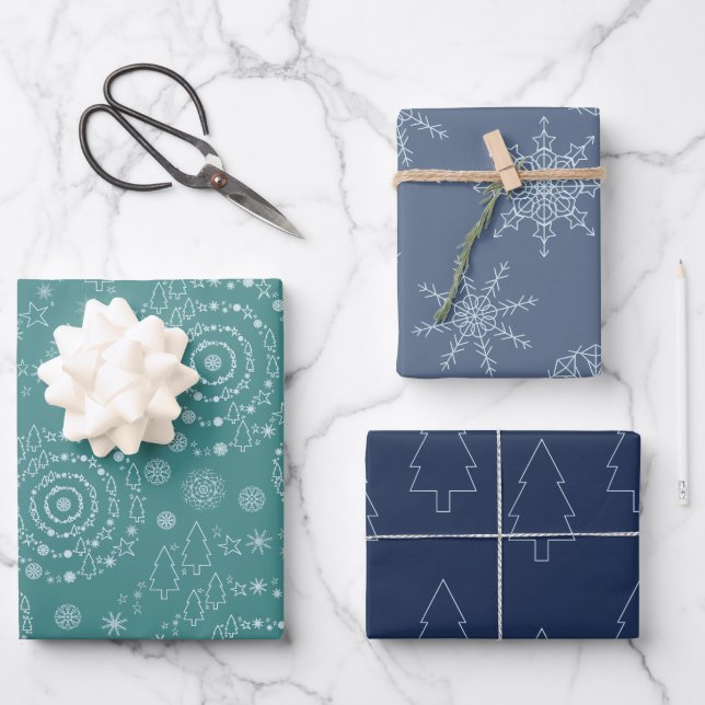 Elegant Handrawn Chrismas Patterns Teal Blue Navy Wrapping Paper Sheets (Front)