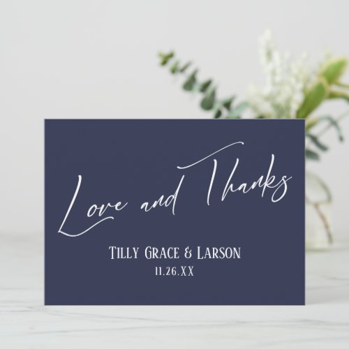 Elegant Handwriting Love and Thanks Navy Blue Thank You Card