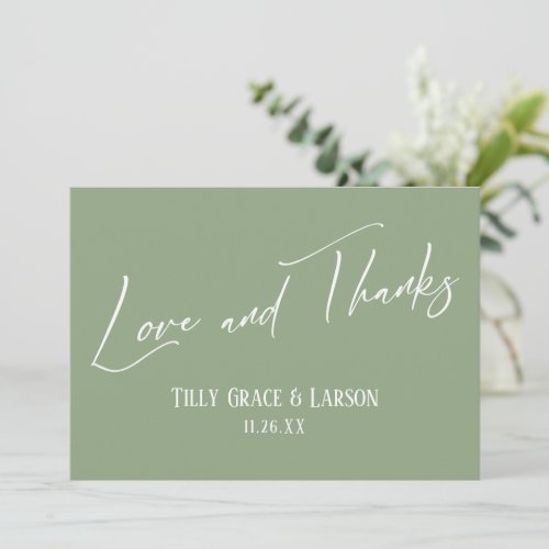 Elegant Handwriting Love and Thanks Sage Green Thank You Card