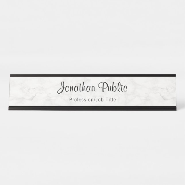 Elegant Handwriting Name Script White Marble Desk Name Plate (Front)