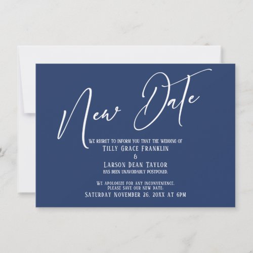 Elegant Handwriting New Date Navy Announcement