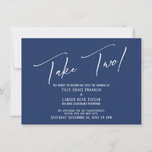 Elegant Handwriting Take Two Wedding Delay Navy Invitation
