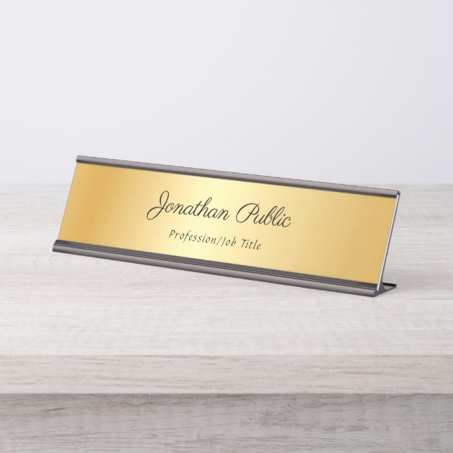 Elegant Handwriting Text Name Gold Modern Template Desk Name Plate (Front)
