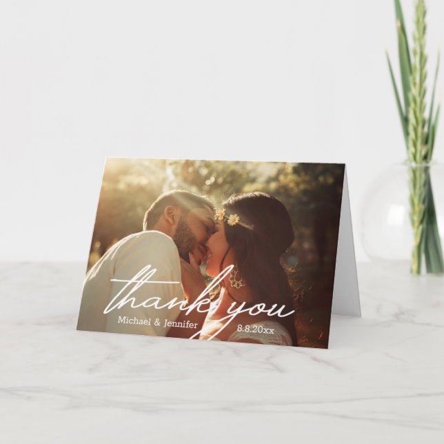 elegant handwriting wedding  2 photos thank you card (Front)