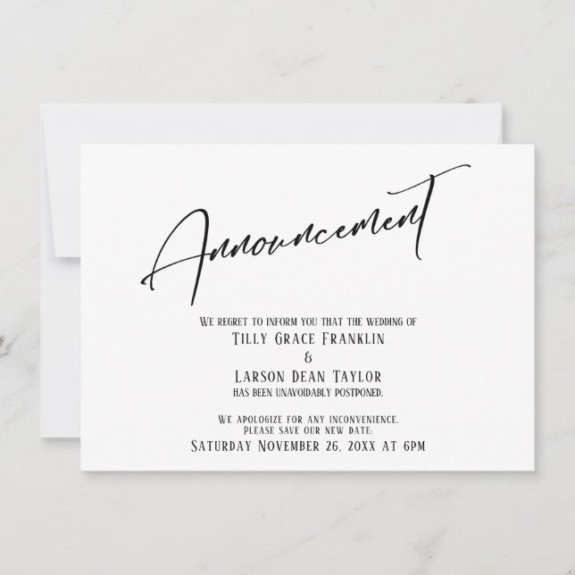 Elegant Handwriting Wedding Delay Announcement (Front)