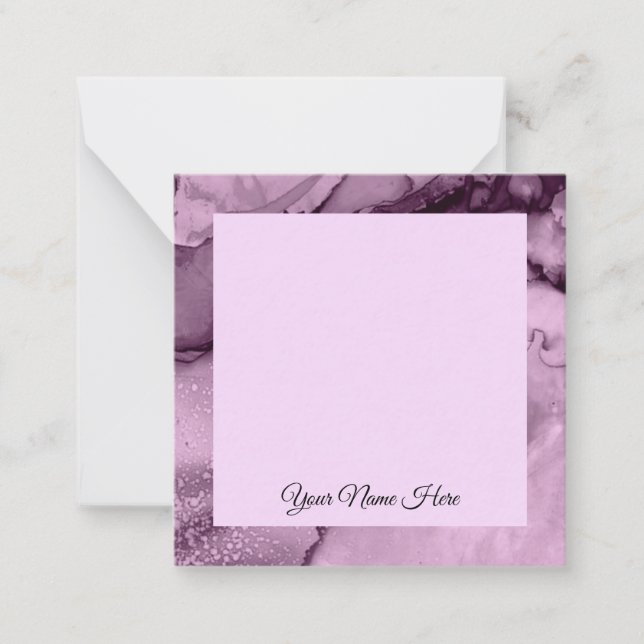 Elegant handwritten custom name violet marble note card (Front)