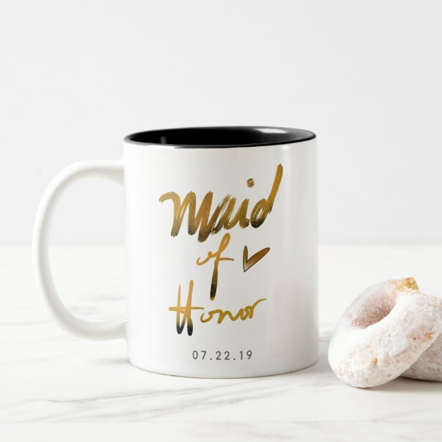 Elegant Handwritten Faux Gold | Maid of Honor Two-Tone Coffee Mug (With Donut)