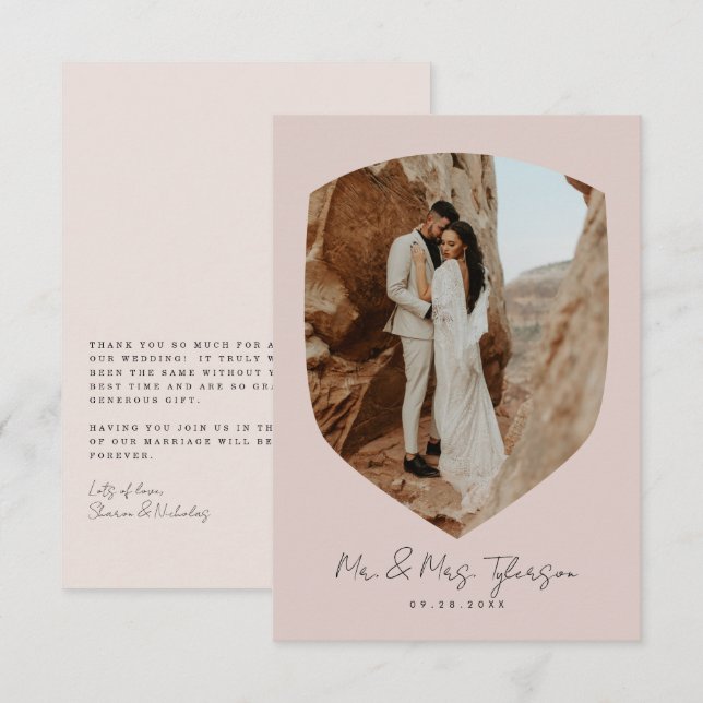 Elegant Handwritten Framed Photo Blush Wedding  Thank You Card (Front/Back)