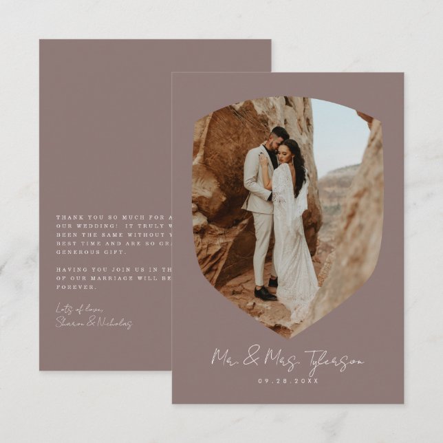 Elegant Handwritten Framed Photo Mauve Wedding   Thank You Card (Front/Back)