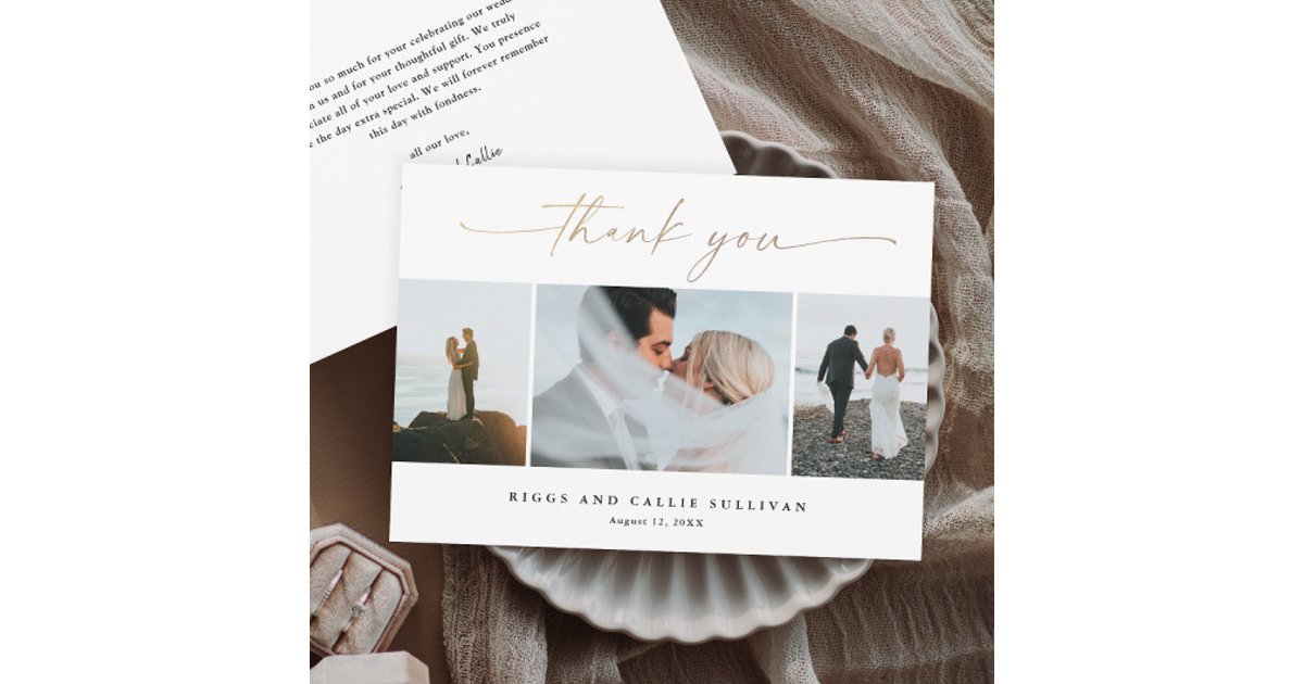 Elegant Handwritten Gold Script Wedding Photo Thank You Card | Zazzle